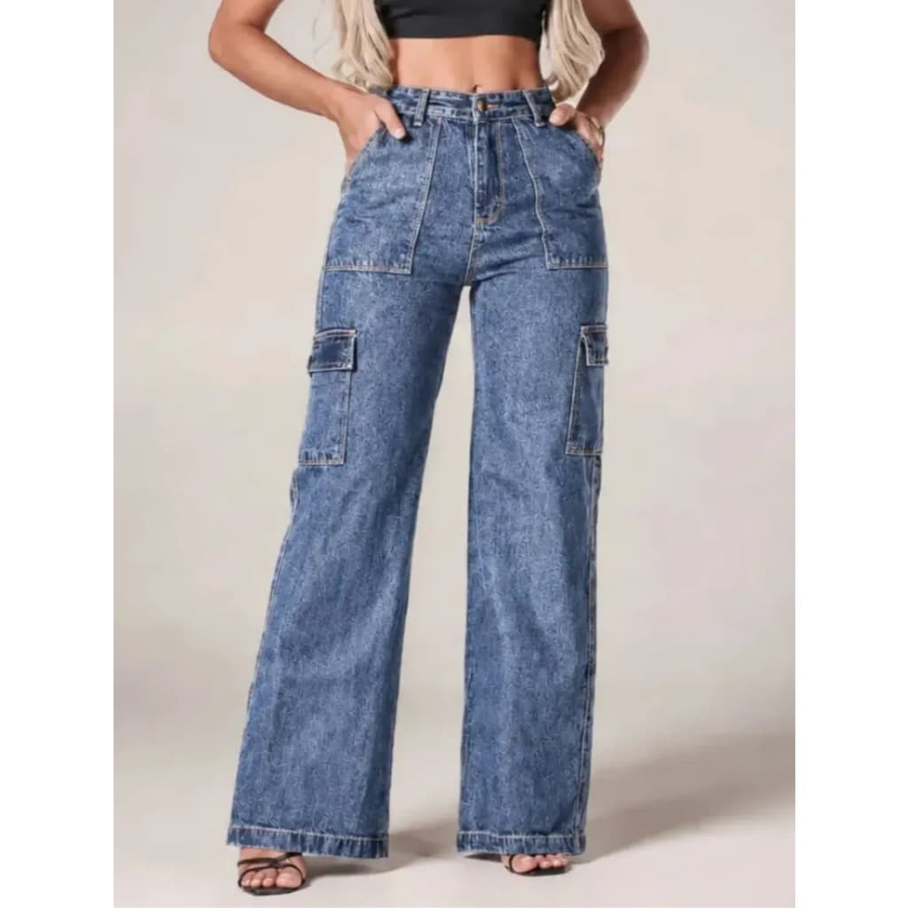 Calça Jeans Feminina Cargo Pantalona Cintura Alta Bolso Lateral Wide Leg Larga Casual Street