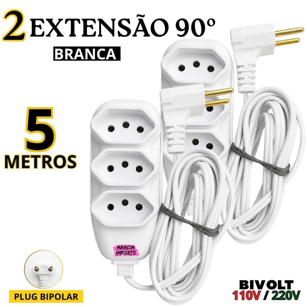 Extensão Elétrica 90º Bivolt 110V/220V 10A 5 Metros 3 Tomadas Plug Angular 90º Bipolar Branca