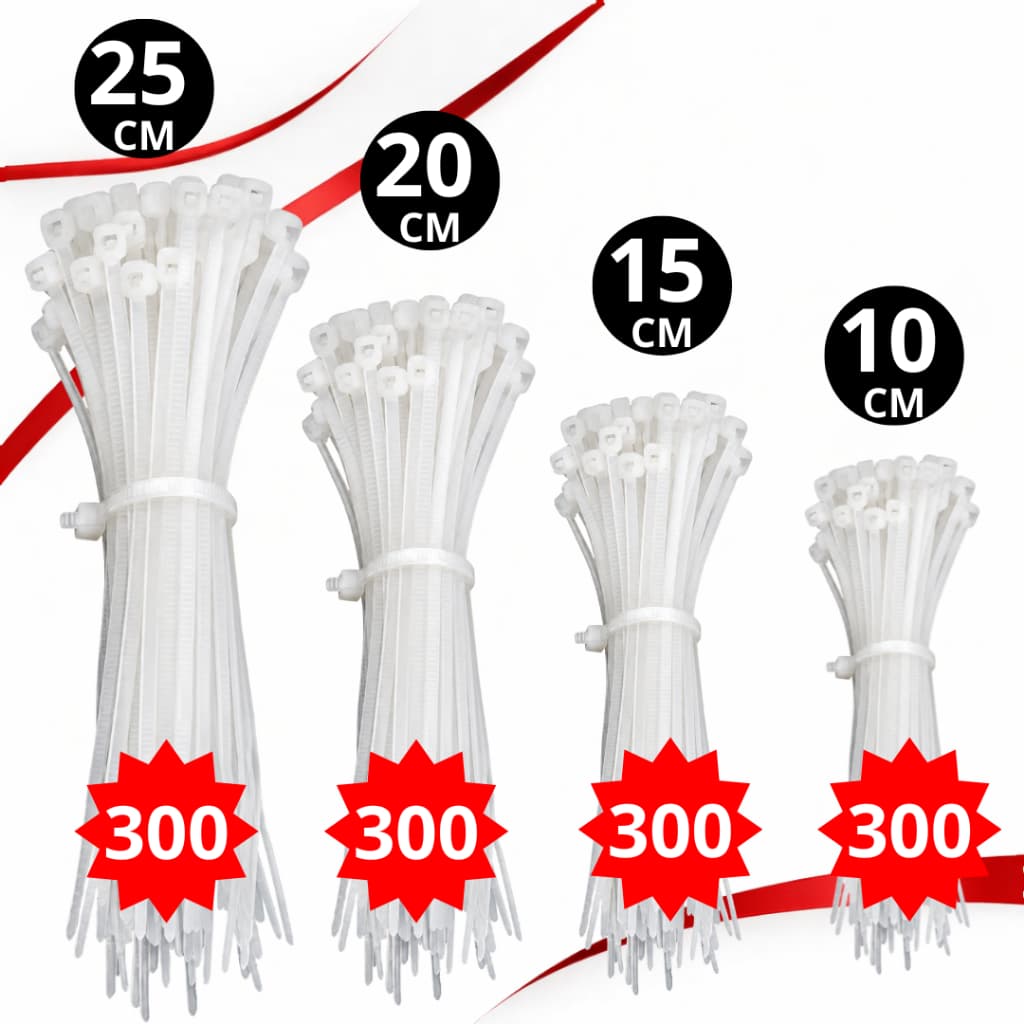 Kit Abraçadeira de Nylon 1200 Unidades Enforca Gato 10cm - 15cm - 20cm - 25cm Branca