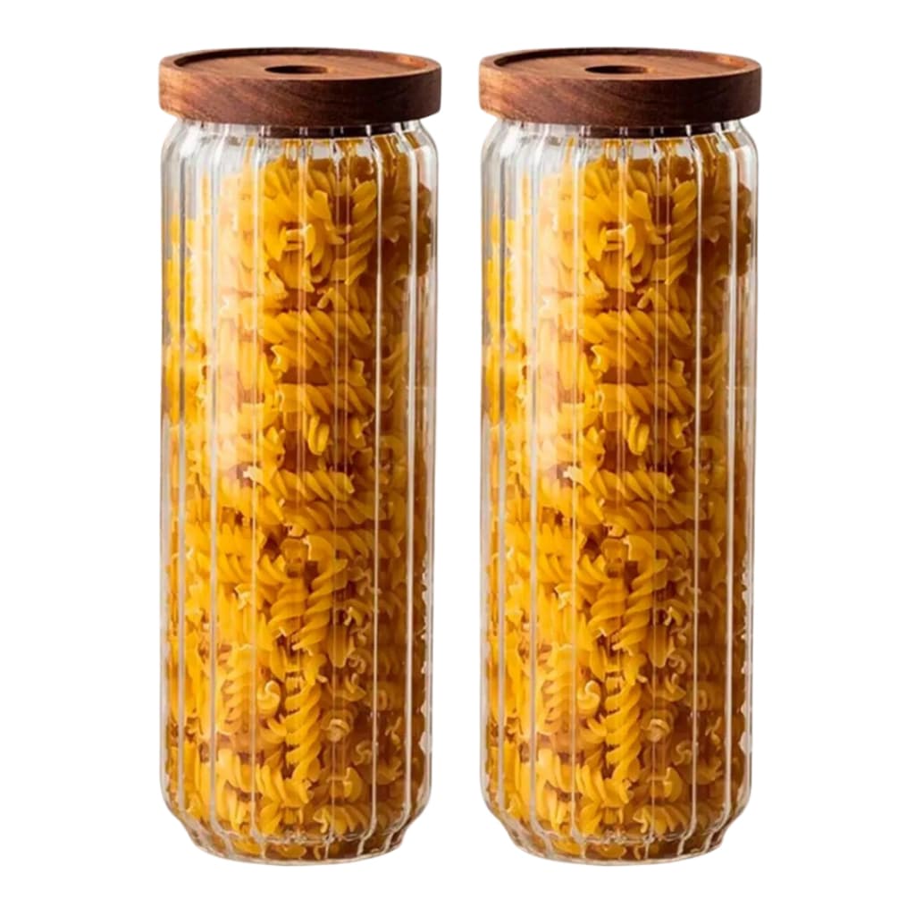 Conjunto 2 Potes Organizador de Vidro Borossilicato 1400ml Tampa de Madeira Acácia para Cozinha Premium Canelado Mesa