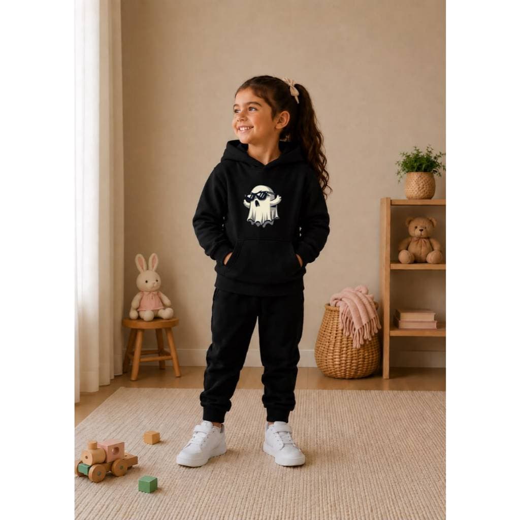 Conjunto Agasalho Moletom Canguru Infantil Capuz e Bolso Premium Estampa Fantasminha Fofo