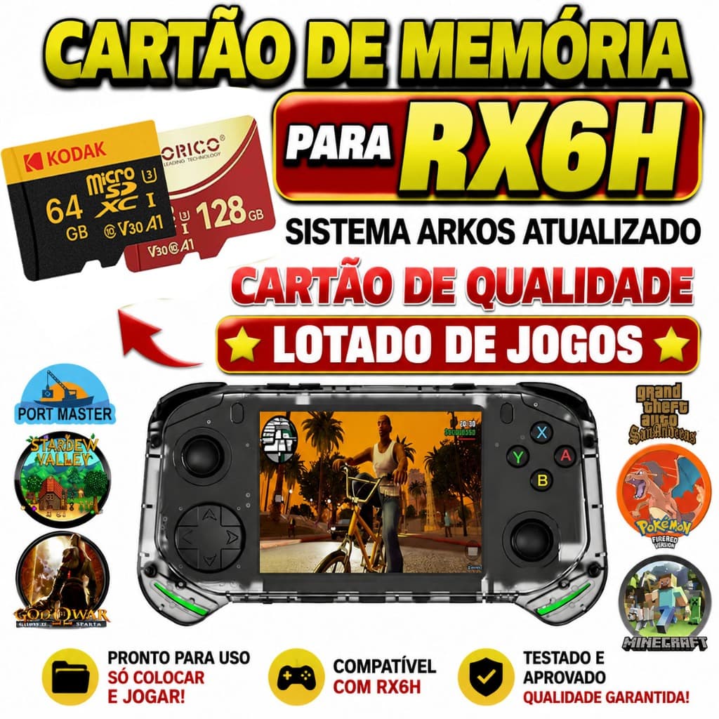 Cartão de Memória para RX6H Micro SD 64GB / 128GB Original + Jogos com Sistema ARKOS Atualizado - R36S