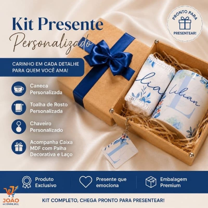 Kit Presente Caneca Personalizado Inicial e Nome+toalhinha+chaveiro+Caixa MDF+Fita+laço+Palha decorativa