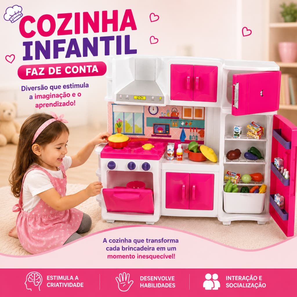 Cozinha Infantil Completa Rosa e Branca 2 Modelos Faz de Conta com Pia Fogão Geladeira Micro-ondas Brinquedo Educativo