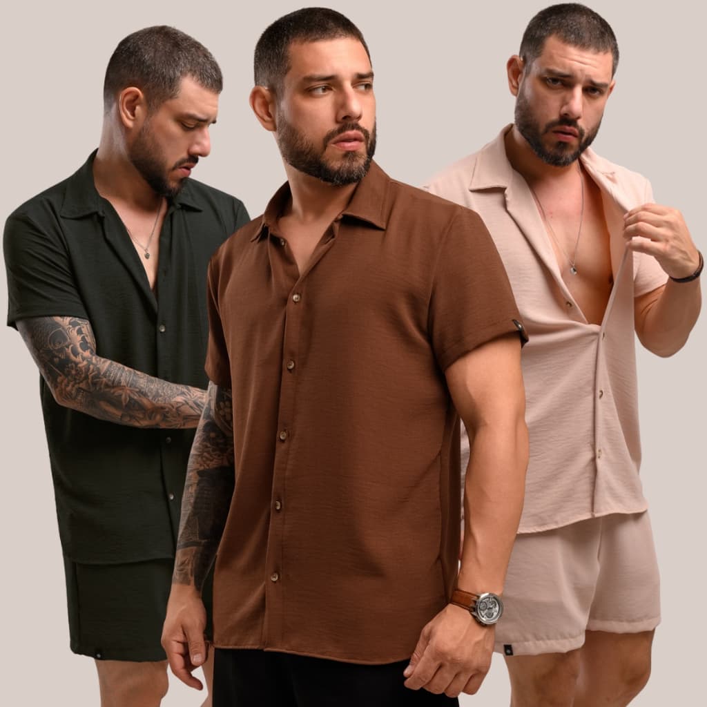 Kit 3 Camisa Masculina Manga Curta Conjunto Várias Combinações Viscose Duna Praia Verão Social
