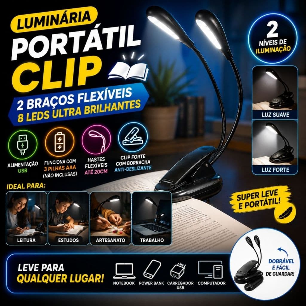 Luminária Clip 2 Braços 8 LEDs Portátil USB Pilha Flexível Leitura Estudo Versátil