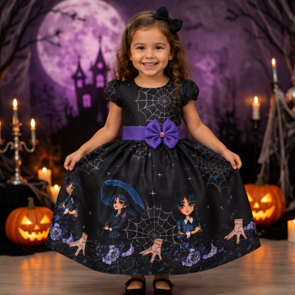 VESTIDO WANDINHA DIA DAS BRUXAS HALLOWEEN MENINA FAMÍLIA ADDANS