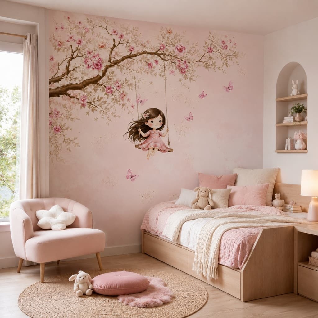 Papel De Parede Menina No Balanço Floral Infantil Colorido