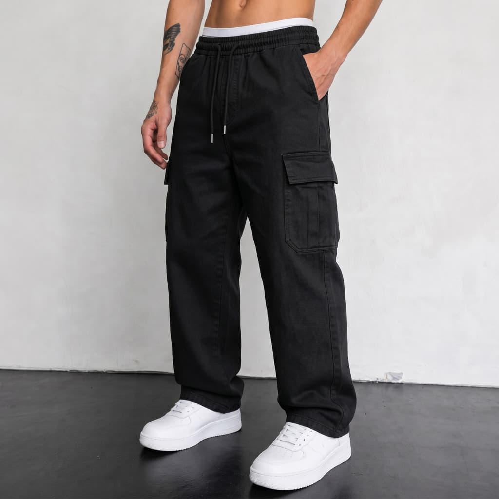 Calça Masculina Cargo Jeans Masculina Streetwear Com Cintura Elástica E 6 Bolsos