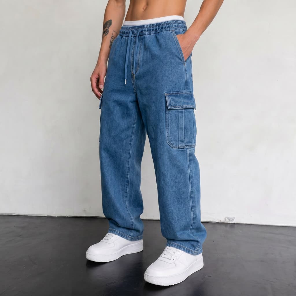 Calça Cargo Masculina Jeans Streetwear Cintura Elástica 6 Bolsos
