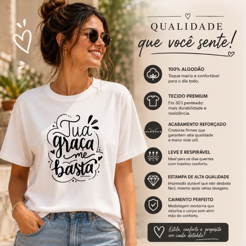 Camiseta Feminina 100% Algodão Estampa Tua Graça Me Basta Católico Qualidade Premium