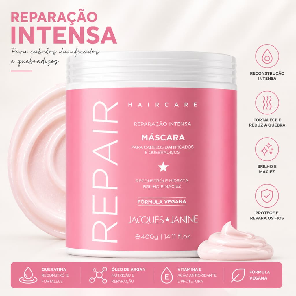 Máscara de Reconstrução Capilar Hair Care Repair Jacques Janine Máscara Capilar Profissional 400g