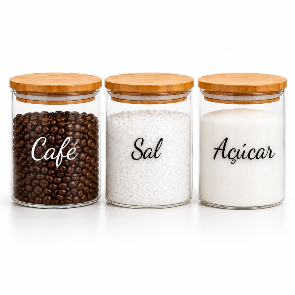 Kit 3 Potes Hermético Luxo De Vidro Para Café Açucar E Sal