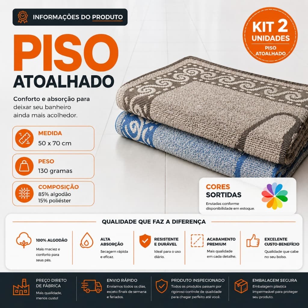 Kit de Tapete Atoalhado Piso Para Banheiro 2 Unidades Saida para Box Banheiro 40 x 70 cm