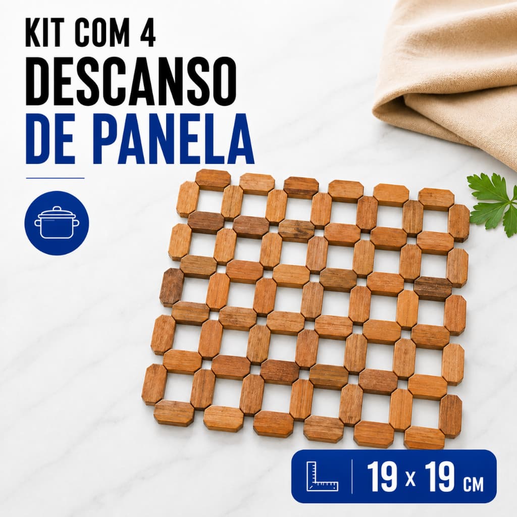 Kit 4 Descansos de Panela em Madeira de Bambu 19x19cm Quadrado Apoio para Panela Quente