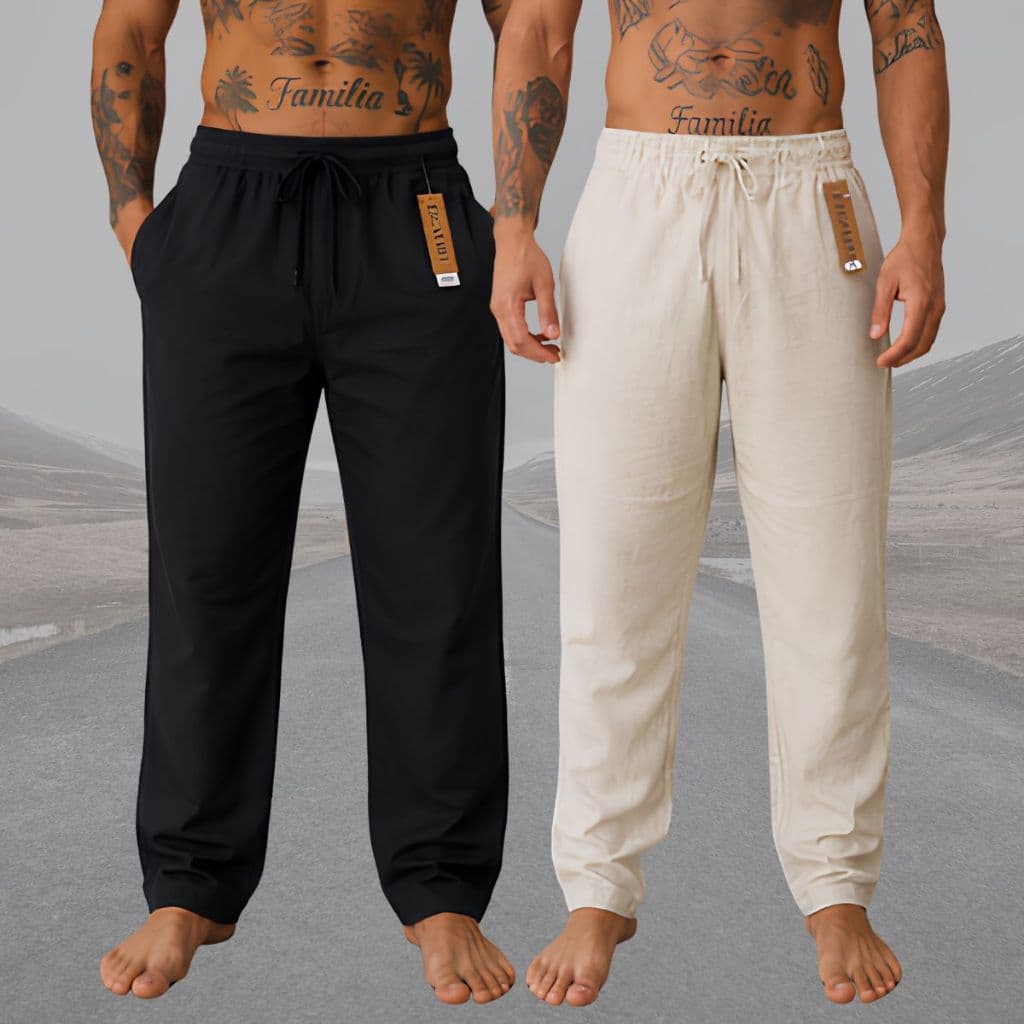 Kit 2 Calça De Linho Masculina Rústica Leve Praia Cordão Ajustável Premium 100% Algodão