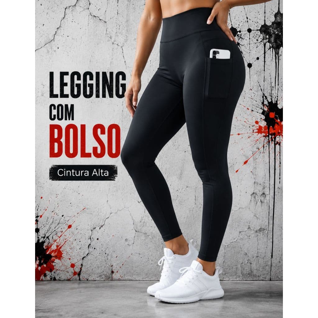 Calça Legging Feminina Cintura Alta Com Bolso Lateral Suplex Grossa Modeladora Academia Ginástica Esporte Fitness Treino