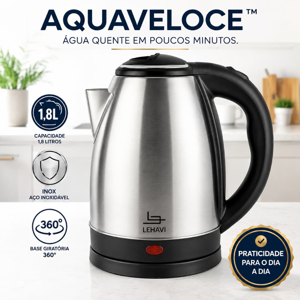 Chaleira Elétrica Inox 1,8L 220V Base Giratória 360° Alta Potência Aquecimento Rápido AquaVeloce