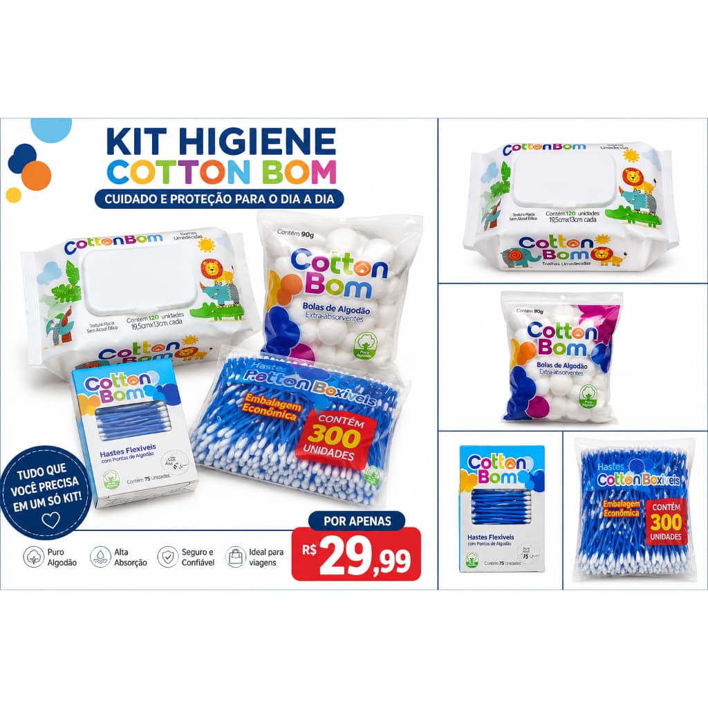 Kit Higiene Bebê Completo 4 Itens Lenço Umedecido 120un + Algodão 90g + Hastes Flexíveis 300un + 75un