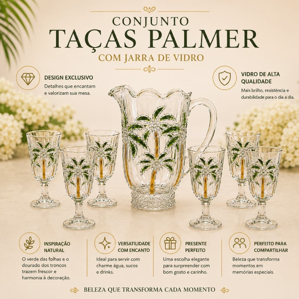 Conjunto 6 Taças Palmer Jarra de Vidro 1,5ml sucos refrigerantes drinks mesa posta