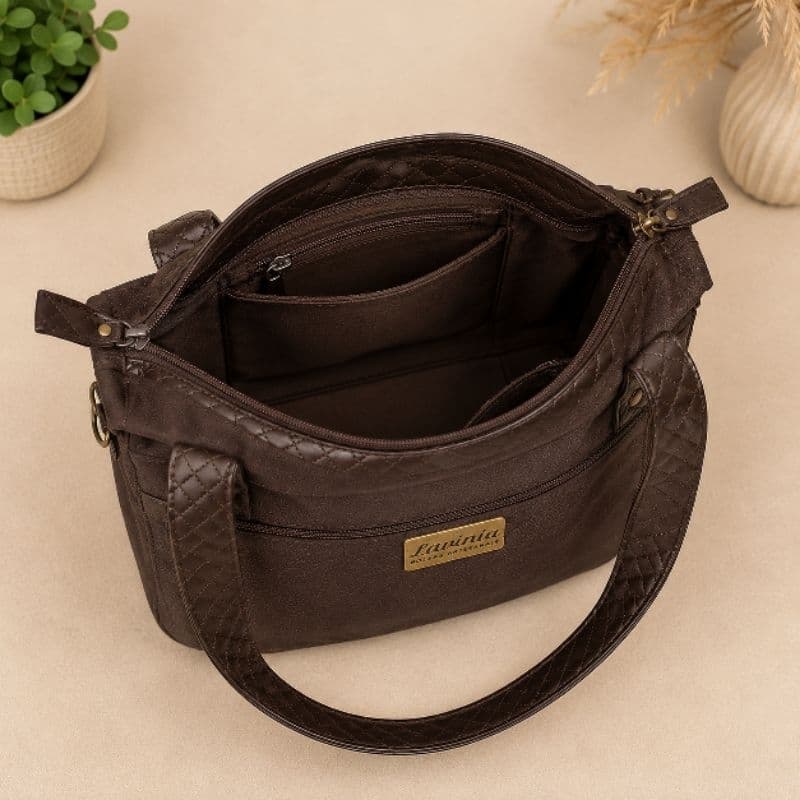 Bolsa Feminina de Ombro Lavínia Artesanal Couro Sintético Premium com Bolsos e Zíper Marrom