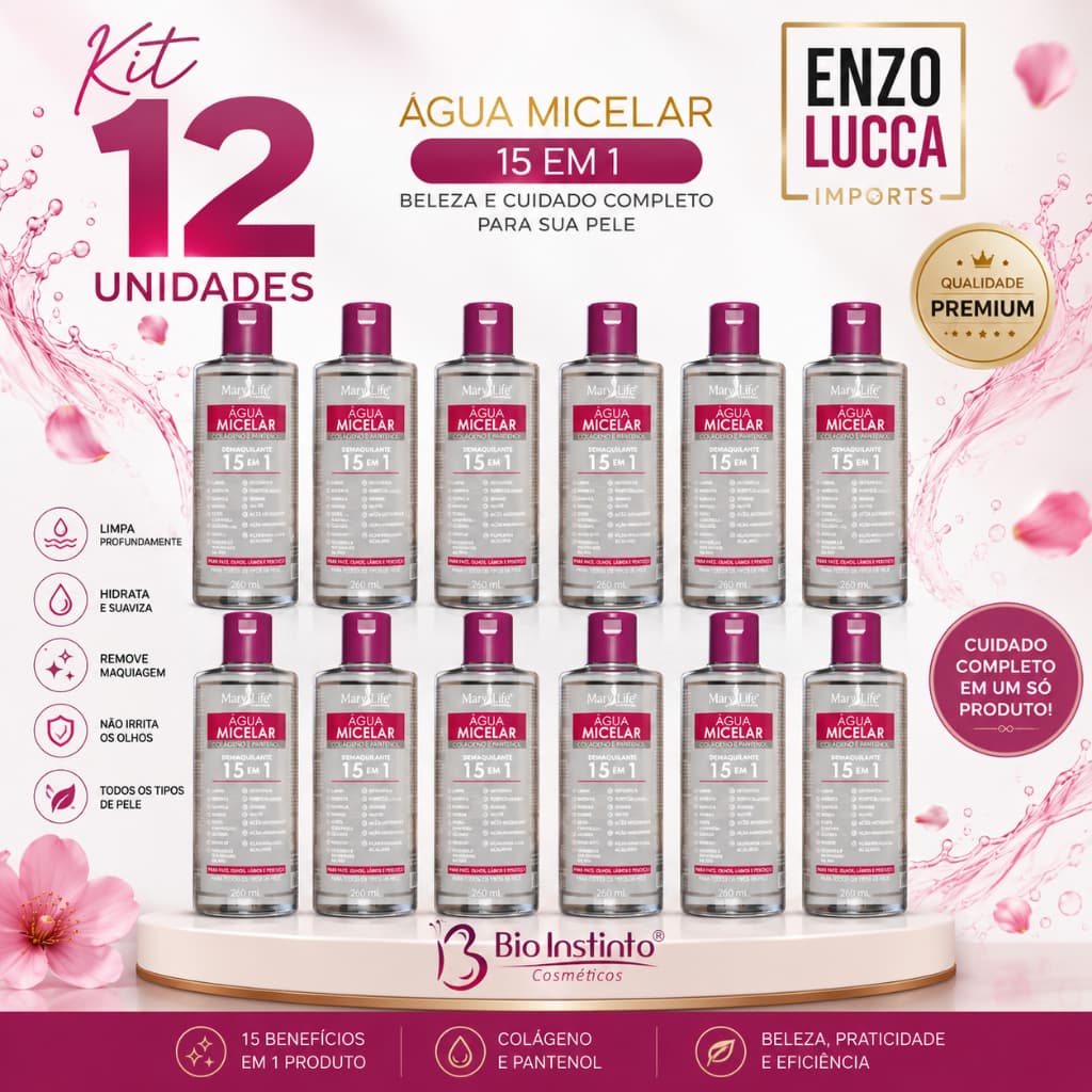 Kit 12 Unidades Água Micelar Demaquilante Colágeno e Pantenol com 15 Benefícios 260ml Atacado