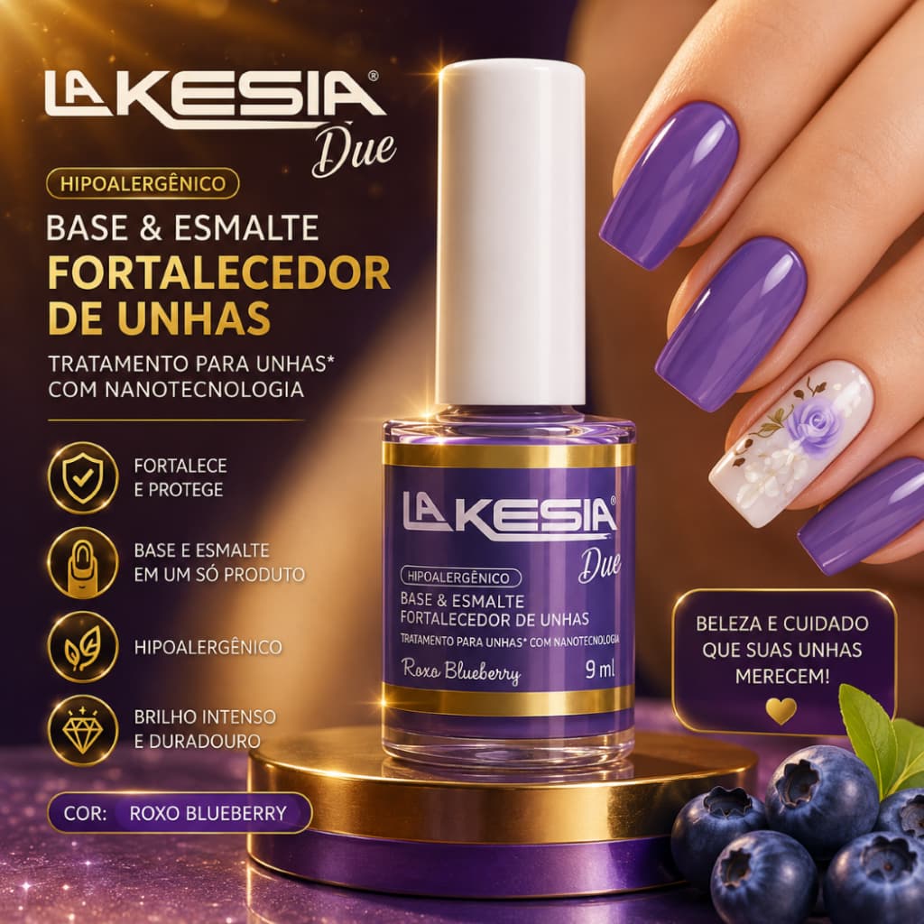 Esmalte E Base Lakesia - Fortalecedor De Unhas - Cores Cor Roxo Blueberry- VAL:03/27