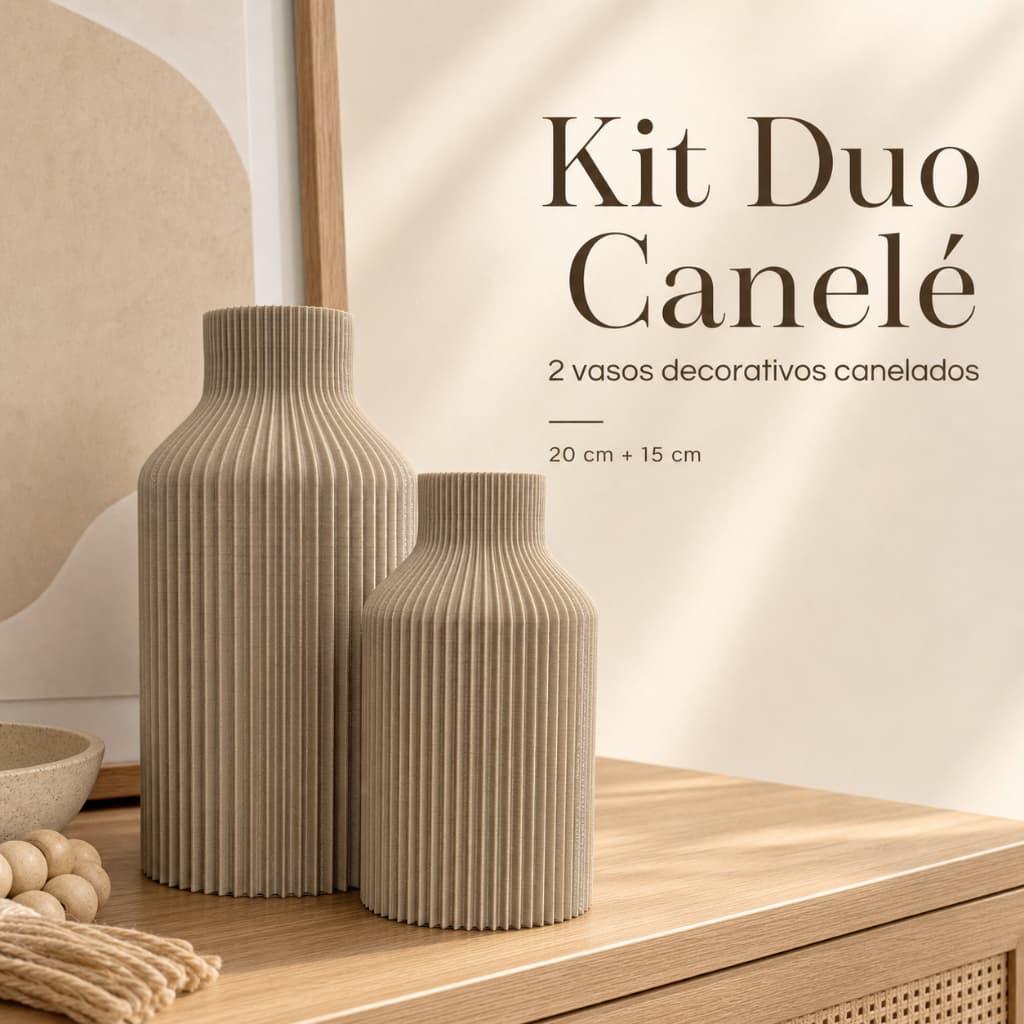 Kit Duo Vasos Decorativos Canelados 20cm e 15cm Cachepot Moderno Para Sala Aparador Rack