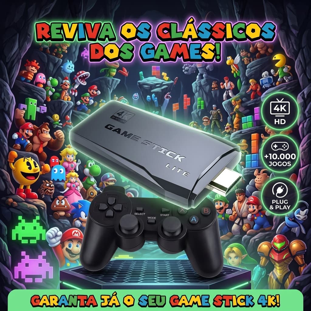 Game Stick 4K Retrô 10000 Jogos Console HDMI TV 2 Controles Sem Fio Plug and Play PS1 MAME Atari GBA