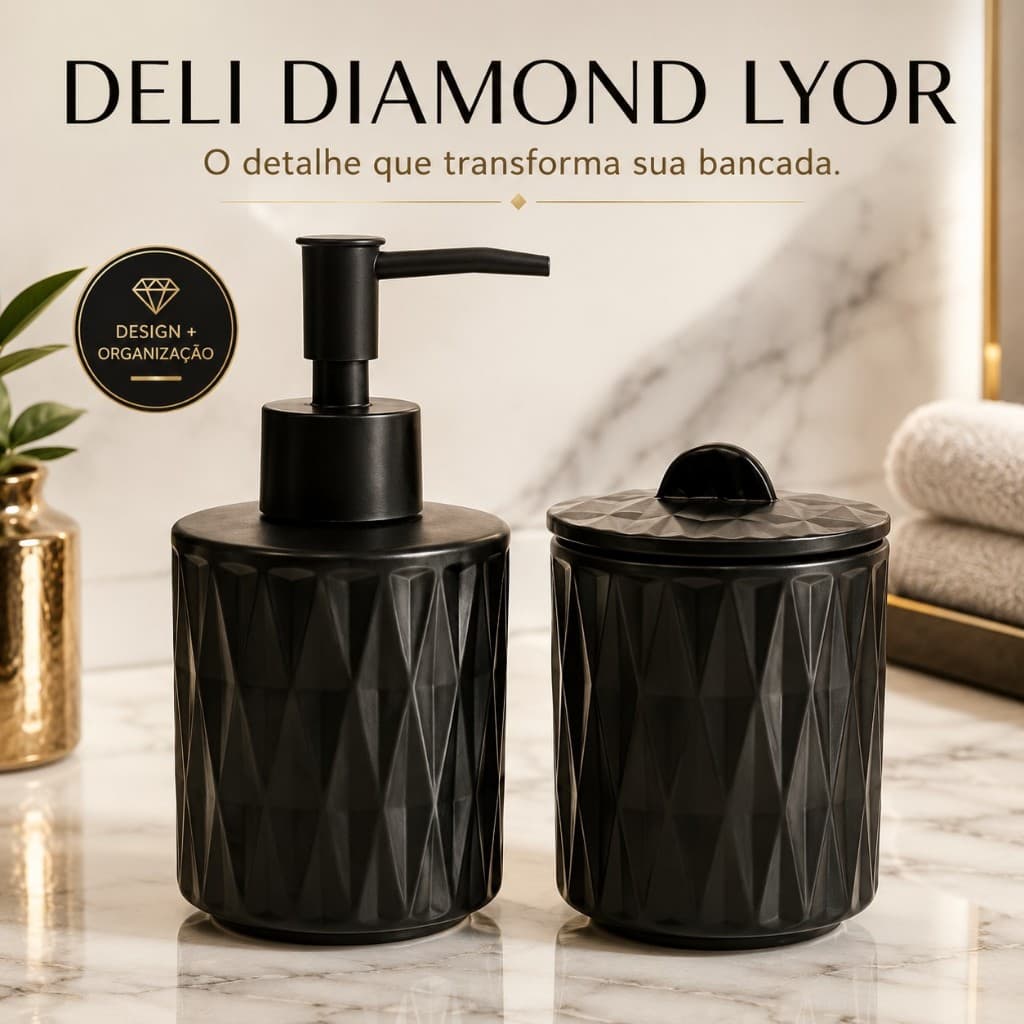 Kit Banheiro Lavabo Deli Diamond Lyor 2 Peças Cerâmica Preto Porta Sabonete Líquido e Pote Multiuso