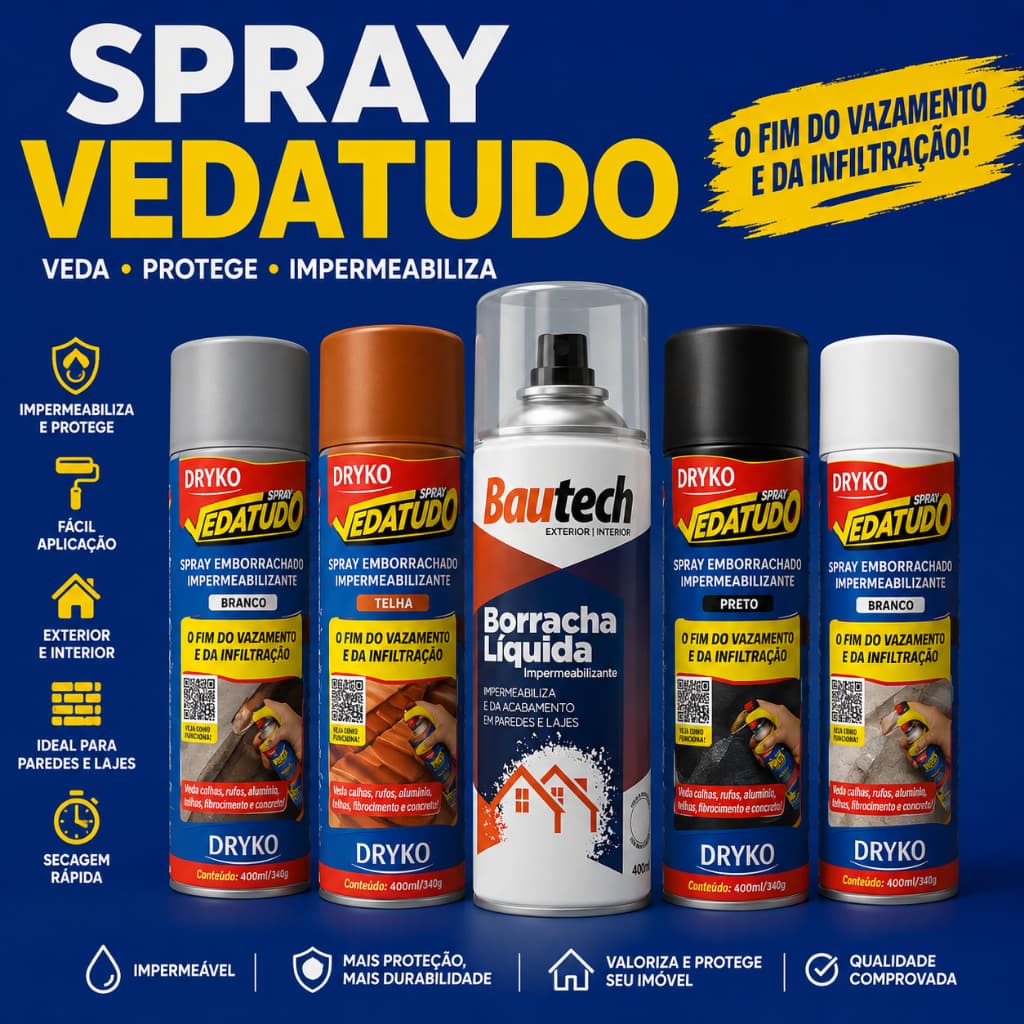 Kit 1, 2, ou 3 Spray Vedatudo Manta Borracha Líquida Reparos Vazamentos De Agua Telhado Preto Transparente 400 e 100ml