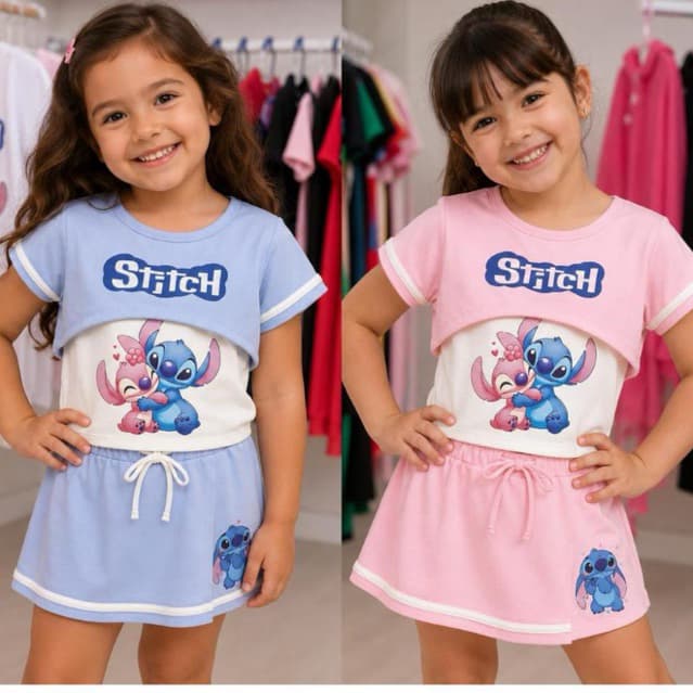 Conjunto Infantil Stitch 3 Peças feminino Conjunto menina personagens Short/Saia Lilo Stitch