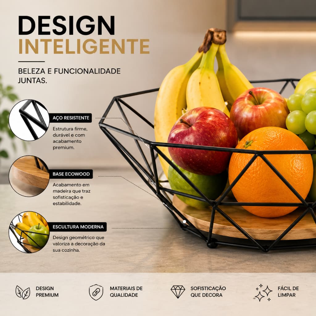 Fruteira de Mesa Bowl Preto Vazada com Suporte de Madeira Escovado Lindo