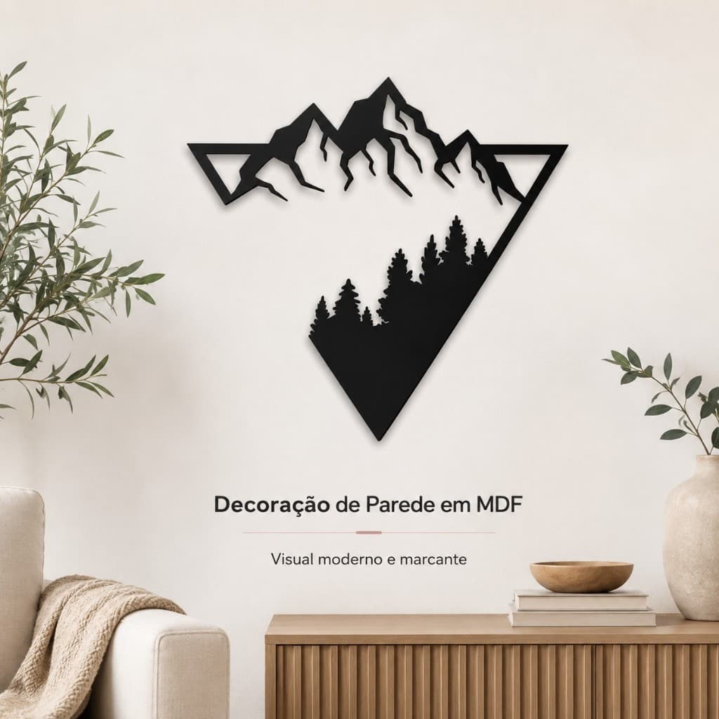 Quadro Decorativo em MDF Preto – Montanhas e Floresta Geométrica