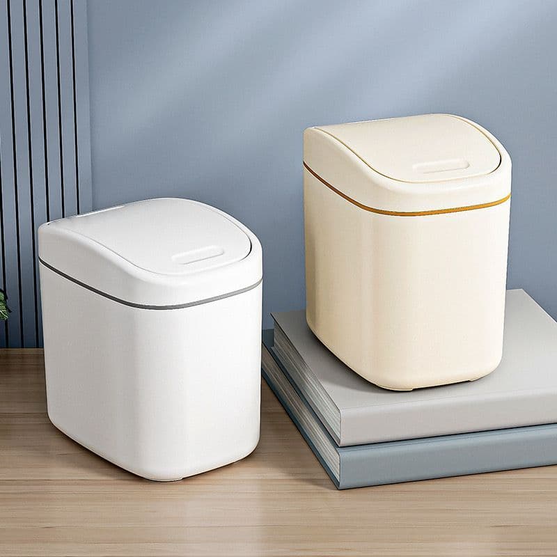 Mini Lixeira de Mesa Bege - Compacta e Portátil com Tampa Giratória