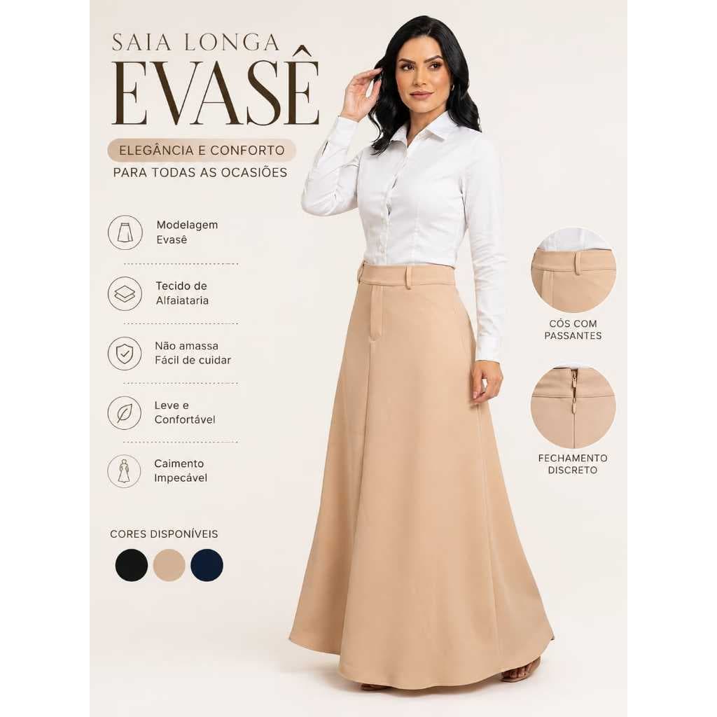 Saia Longa Alfaiataria Cintura Alta Elegante Moda Evangélica Premium
