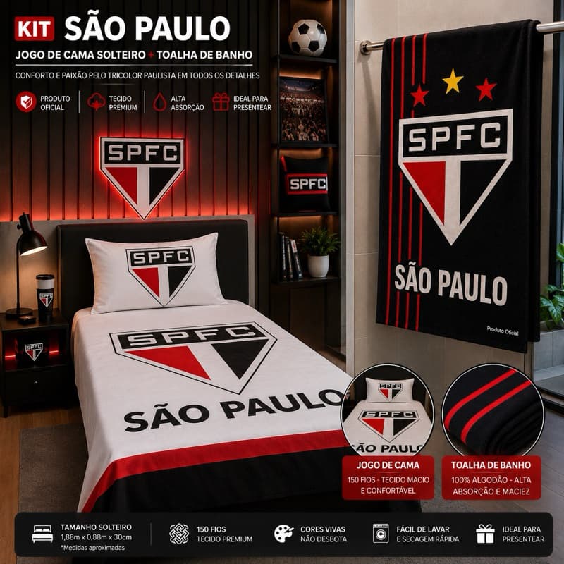 Kit Jogo de Cama Solteiro + Toalha de Banho Estampa Tricolor Paulista Microfibra Macia Presente