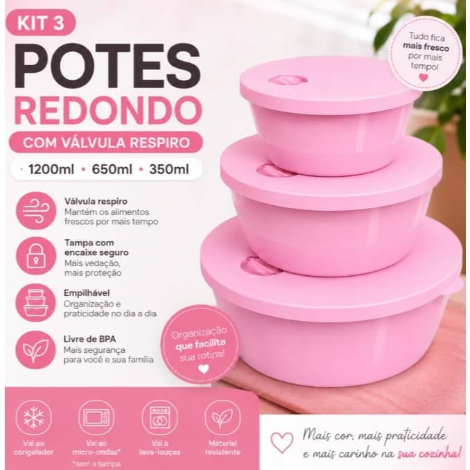 KIT 3 POTES REDONDOS COM VALVULA RESPIRO - 1200ml + 650ml + 350ml - COZINHA