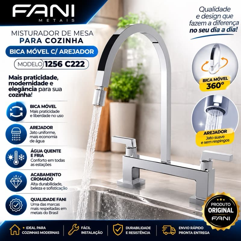 Misturador de Mesa p/ Cozinha Bica Móvel c/ Arejador FANI 1256 C222