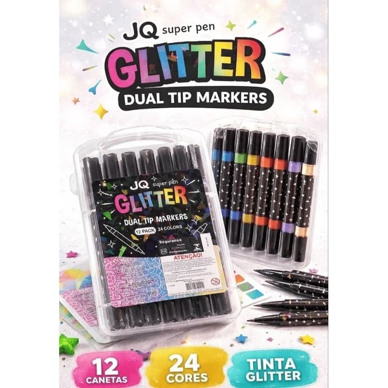 Kit Canetinhas Glitter 12 canetas 24 cores Ponta Dupla Estojo com 12 canetinhas