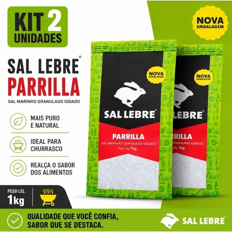 SAL de Parrilla Marinho Integral LEBRE 1kg Kit 2un - Sal Grosso Natural sem Refino - Sal de Parrilla para Churrasco