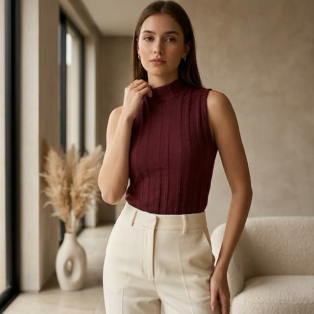 Regata Feminina Tricô Gola Alta Canelada Elegante Básica Premium Casual