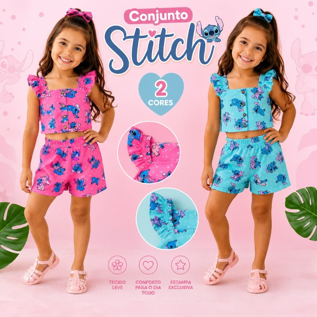 Kit 2 Conjuntos Infantil menina stich Feminino Blusa e short moda verão tendência modinha blogueirinha