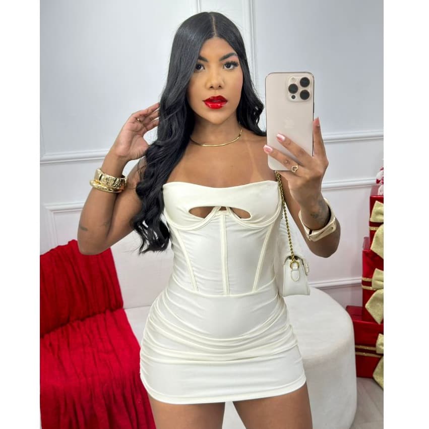 Vestido Angel com Barbatanas, Aro de Sustentação, Alça Reguladora e Drapeado Lateral Curto Feminino Acinturado