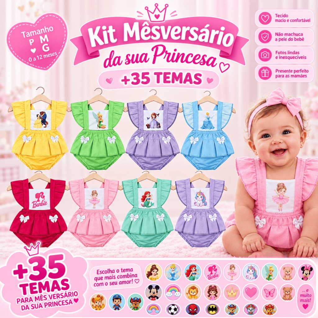 Romper Jardineira Body Tematico Bebê + Laço Melhores Temas Escolha Modelo bebê 0 a 3 meses