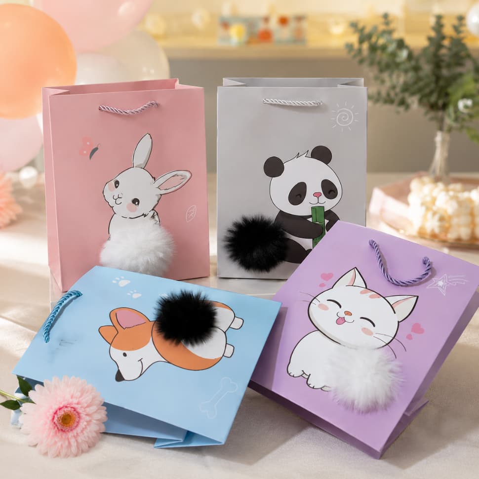 Sacola de Presente Infantil com Pompom | Coelha Panda Gatinha Cachorrinho Embalagem Fofa para Presentes