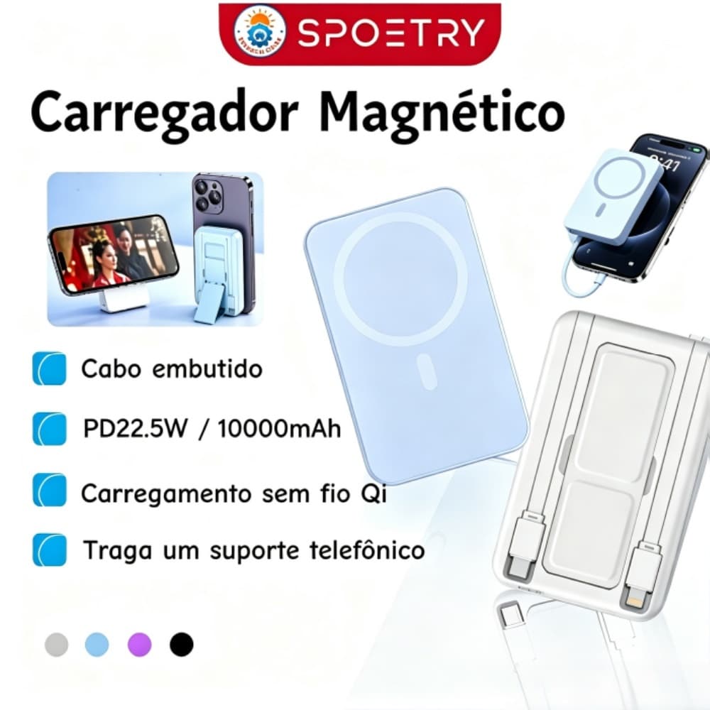 Carregador Portátil 10000mAh 22.5W Carregamento Rápido Magnético Sem Fio com Cabo Integrado e Suporte 5V SPOETRY