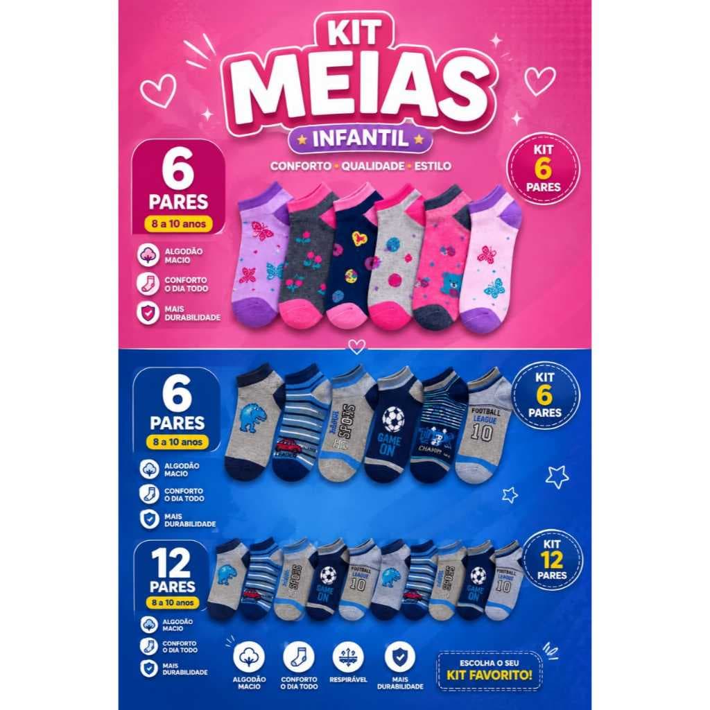 kit 12 ou 6 pares de meias infantil menino e menina 3 a 12 anos
