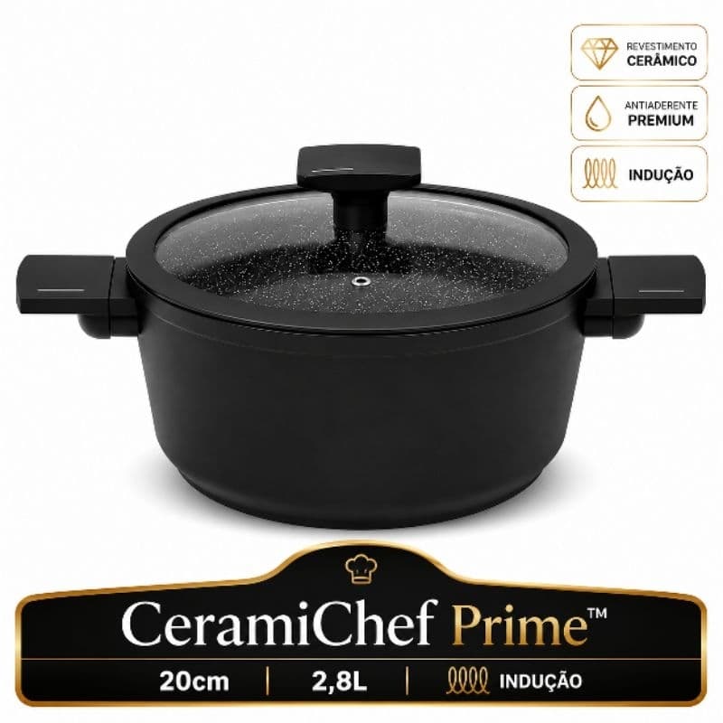Panela De Cerâmica 20cm 2,8L Antiaderente Premium com Tampa de Vidro Indução Fogão Gás Elétrico Preta