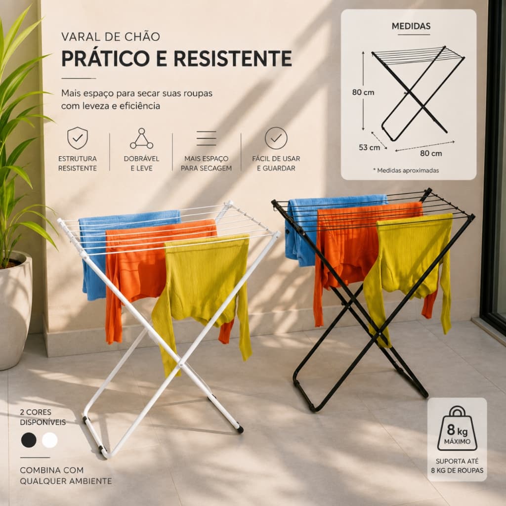 Varal de Chão Portátil Dobrável Aço 80x53x80cm 6,4m Suporta 8kg Compacto para Roupas Branco ou Preto
